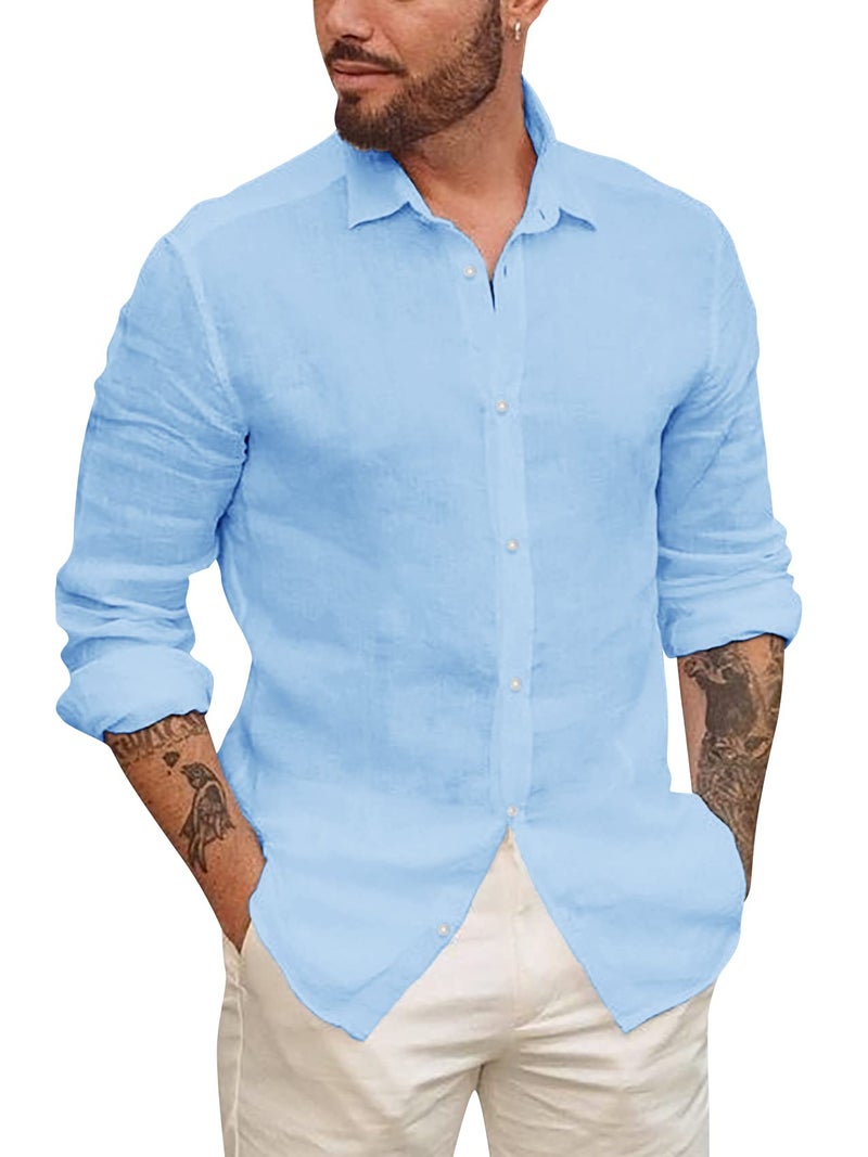 Runcati Mens Button Up Shirts Linen Beach Long Sleeve Casual Cotton Summer Lightweight Tops - Image 1